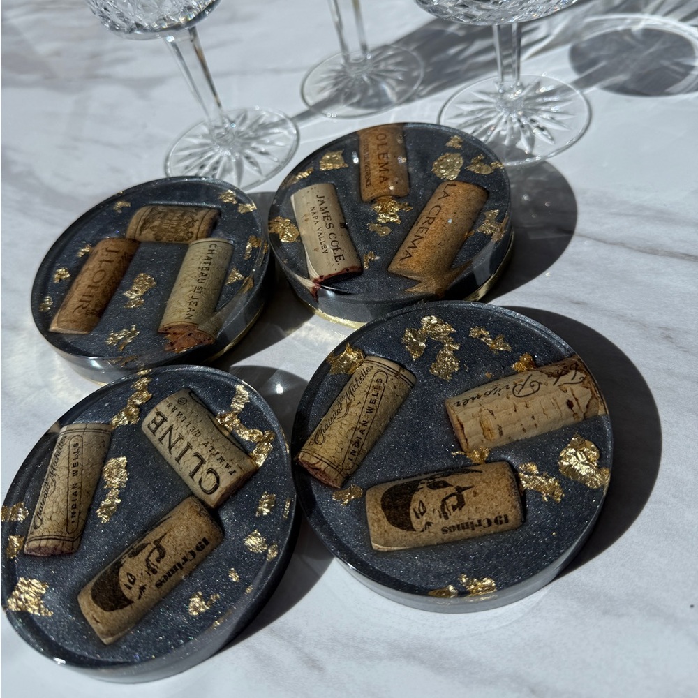 Elegant slate gray and Gold leaf Coasters with Wine Cork Design. Handmade resin